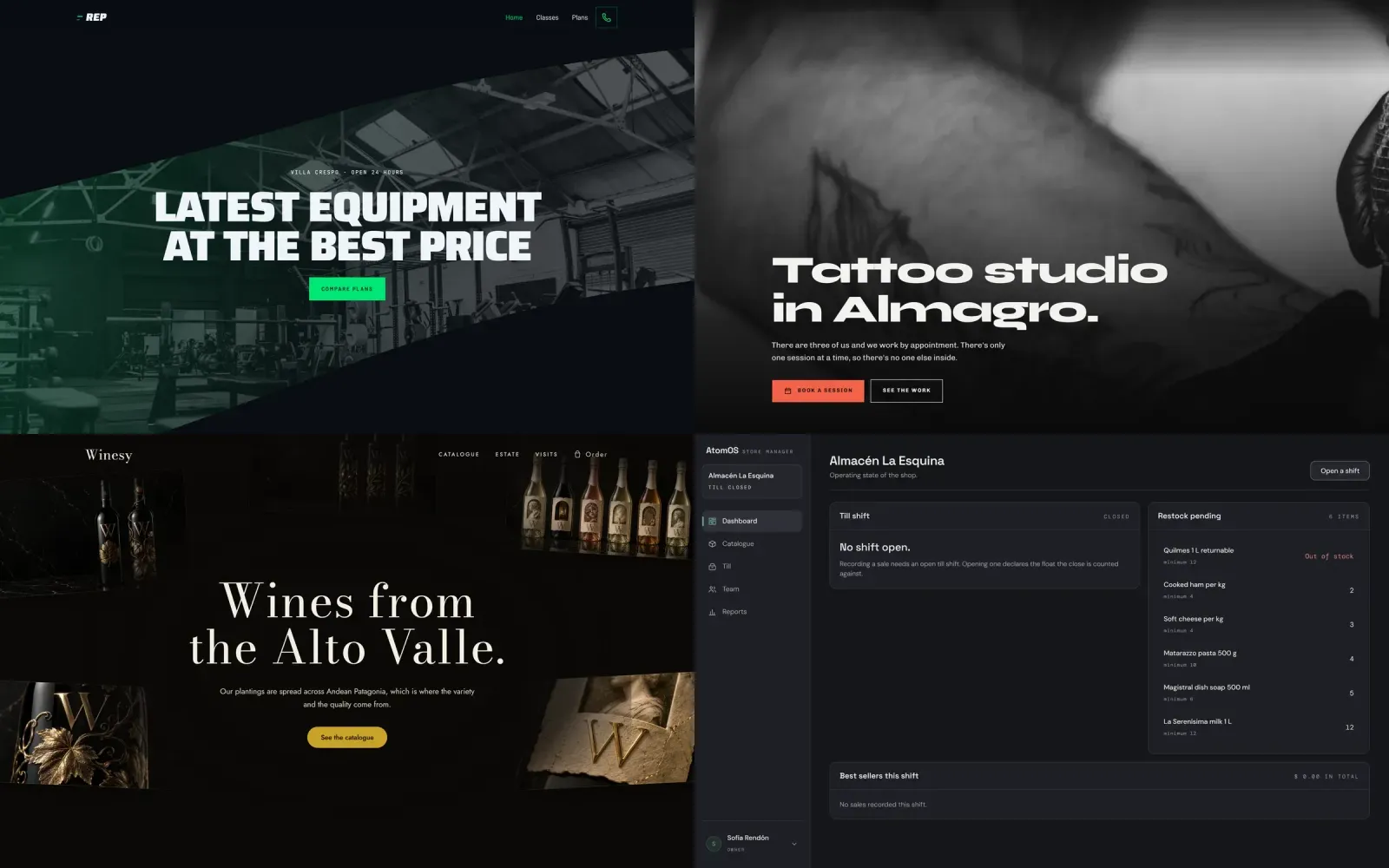 Cuatro de los sitios de muestra en una grilla de cuatro: un gimnasio, un estudio de tatuajes, una bodega y una app de mostrador.