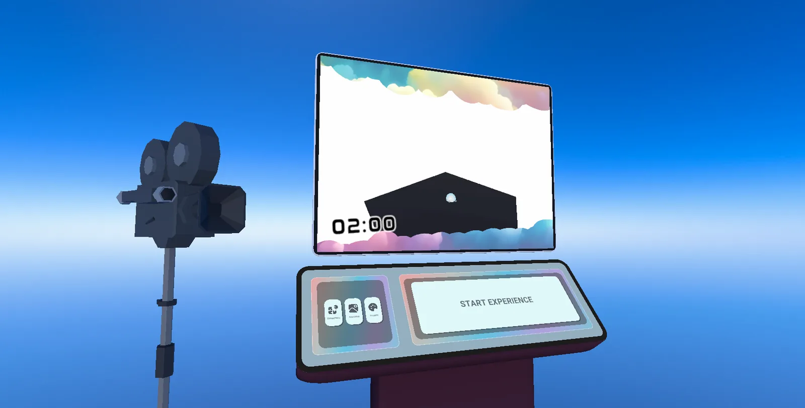 El stand: una cámara en trípode, una pantalla con la cuenta regresiva de dos minutos y un atril que dice Start experience.