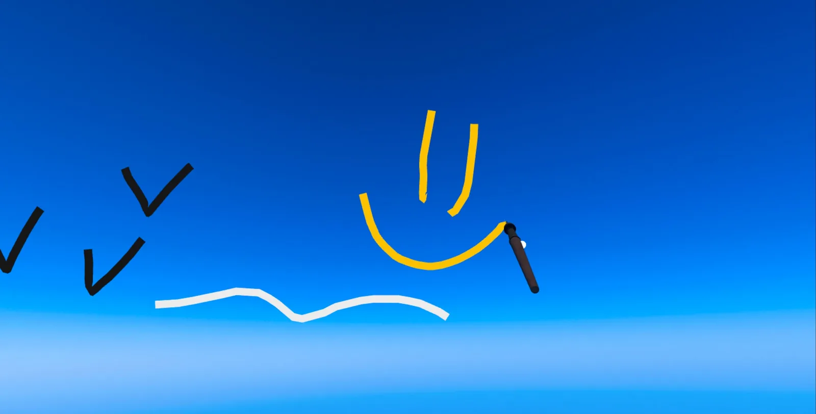 Una cara dibujándose contra el cielo, con el pincel a mitad de la sonrisa.