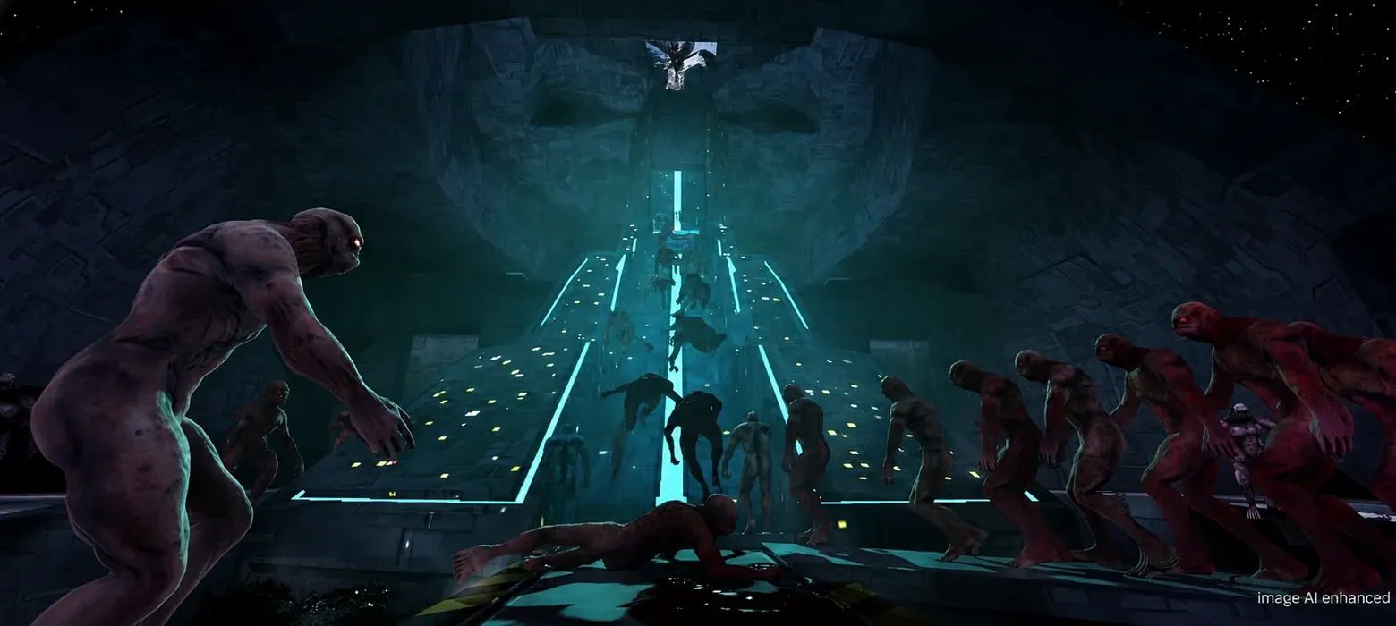 The walkway through the hall, with the enemy ranks and the ceiling above them.