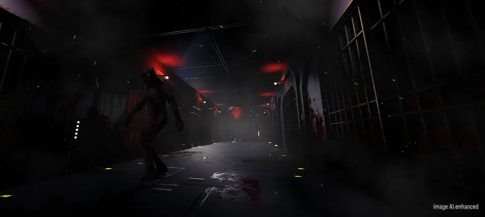 A dark cell block, one enemy stepping into the corridor light.