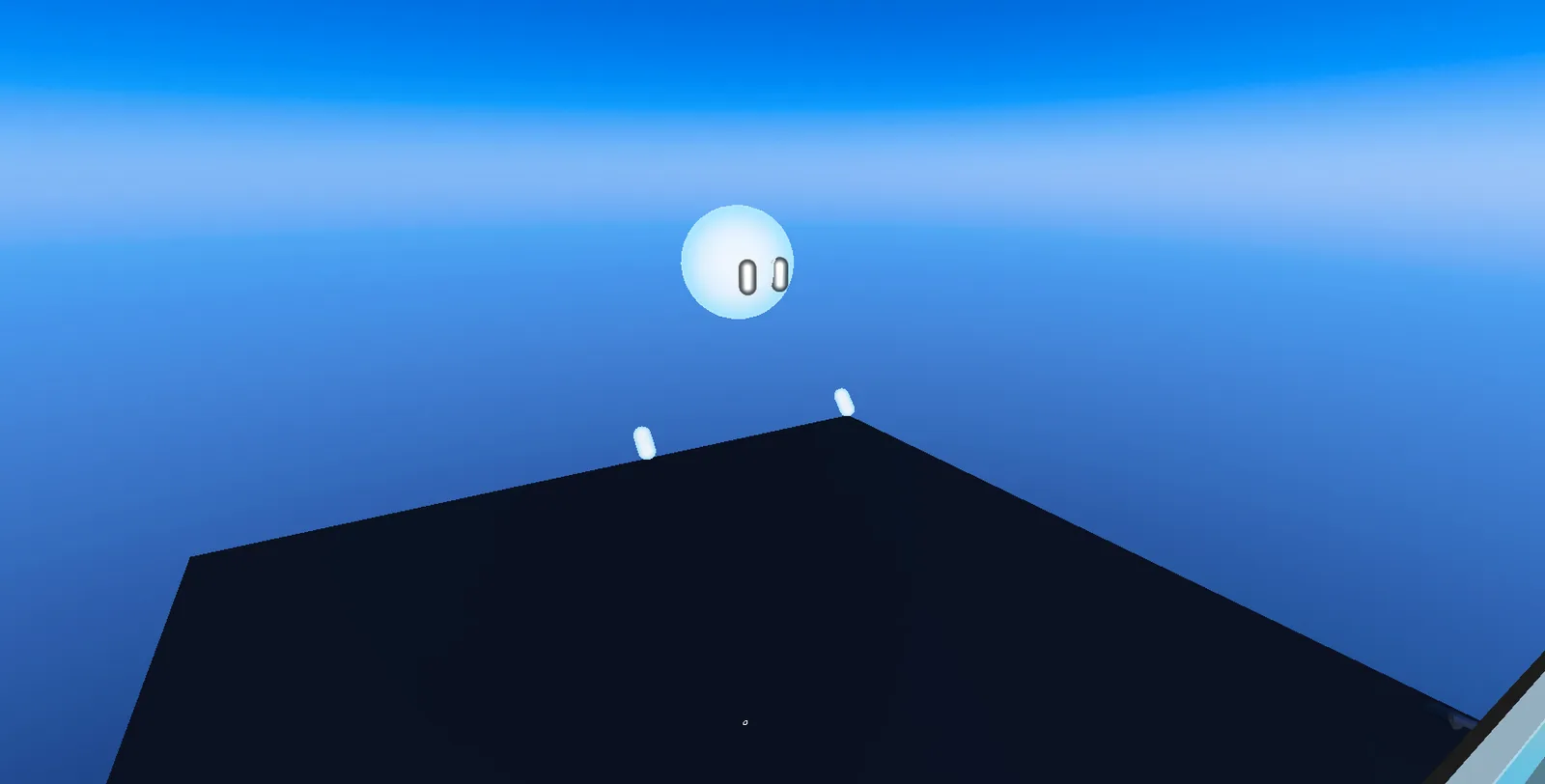 The white character floating over the drawing platform, against an empty blue sky.
