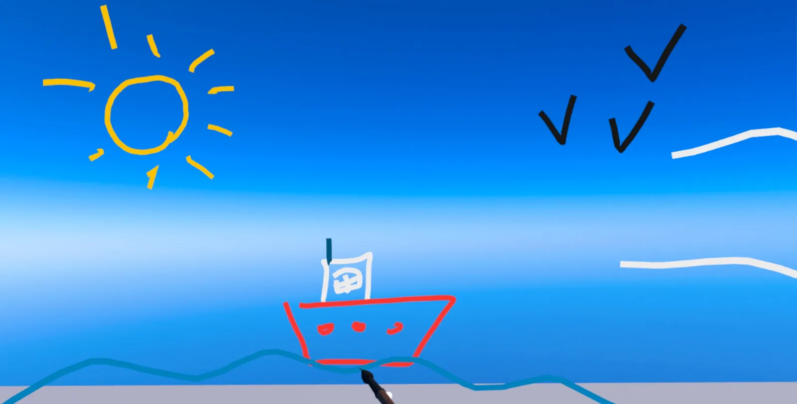 A boat, a sun and two birds drawn in mid air over the sea, with the brush still at the last stroke.