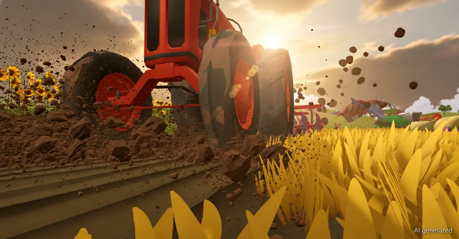 A tractor turning the soil in close-up, sunflowers along the edge of the field.