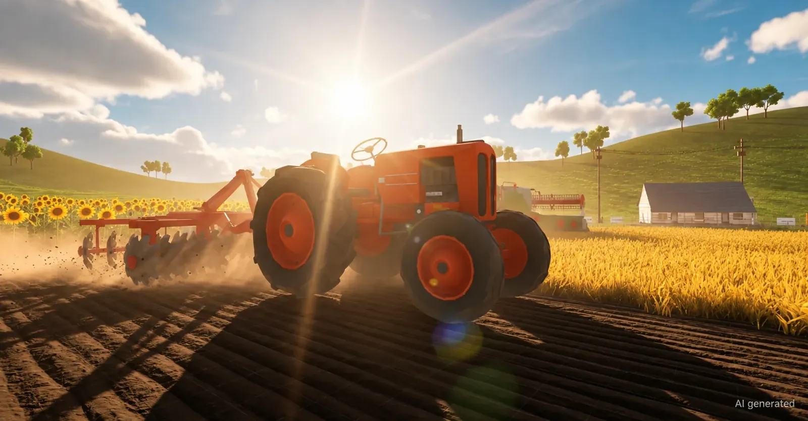A tractor pulling a disc harrow across a ploughed field under a bright sky.