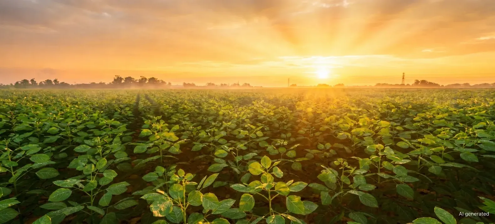 A crop field at sunrise, the rows running to the horizon.