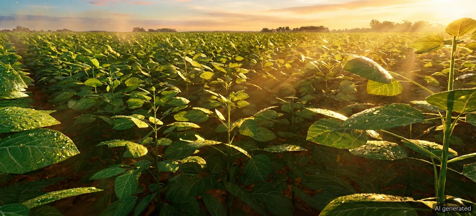 The same crop from inside the rows, leaves lit from behind by low sun.